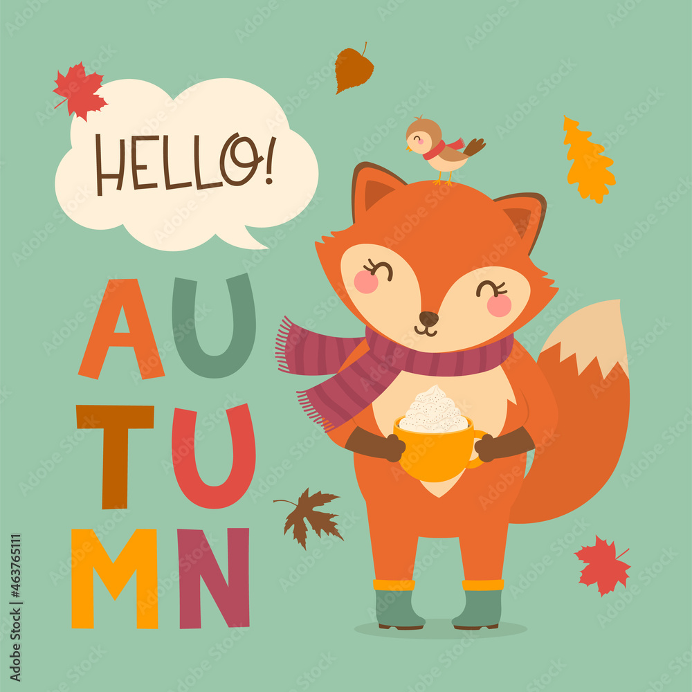 Cute fox holding pumpkin spice cup and little bird cartoon with text “Hello autumn” for autumn greeting card design. Autumn season cartoon illustration. Cute fox holding pumpkin spice cup and little bird cartoon with text “Hello autumn” for autumn greeting card design. Autumn season cartoon illustration.