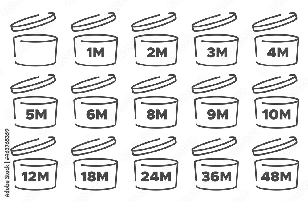 Pao vector symbol. Period after opening icon set. Cosmetic open month life shelf. Cosmetic product expiration. Pao vector symbol. Period after opening icon set. Cosmetic open month life shelf. Cosmetic product expiration.