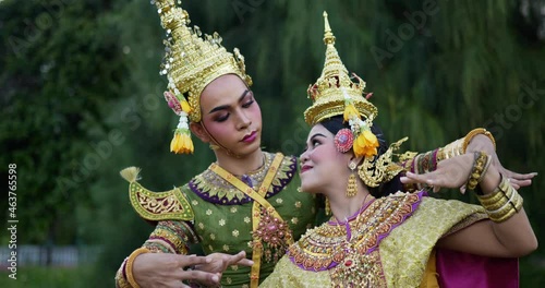 Close up of Khon performance arts acting entertainment dance traditional costume in the park
