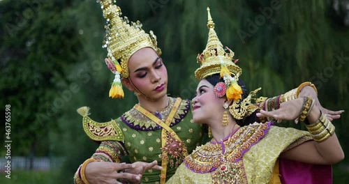Close up of Khon performance arts acting entertainment dance traditional costume in the park photo