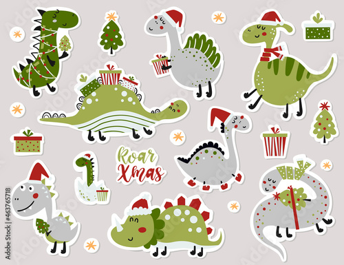 Set of stickers with cute dinosaurs