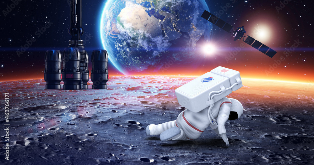 Astronaut Tripping And Falling Down On Surface. Earth On Background. Space And