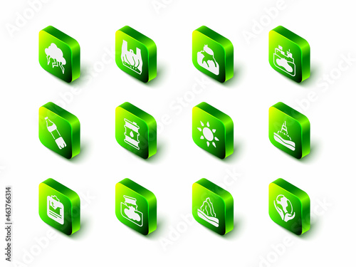 Set Say no to plastic bags poster, Deforestation, Wrecked oil tanker ship, Floating buoy the sea, Hand holding Earth globe, Sun, Iceberg and Barrel leak icon. Vector