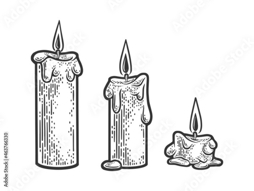 Three burning melted candles sketch engraving vector illustration. T-shirt apparel print design. Scratch board imitation. Black and white hand drawn image.