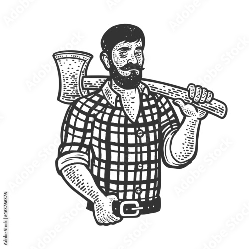 lumberjack with an ax sketch engraving vector illustration. T-shirt apparel print design. Scratch board imitation. Black and white hand drawn image.