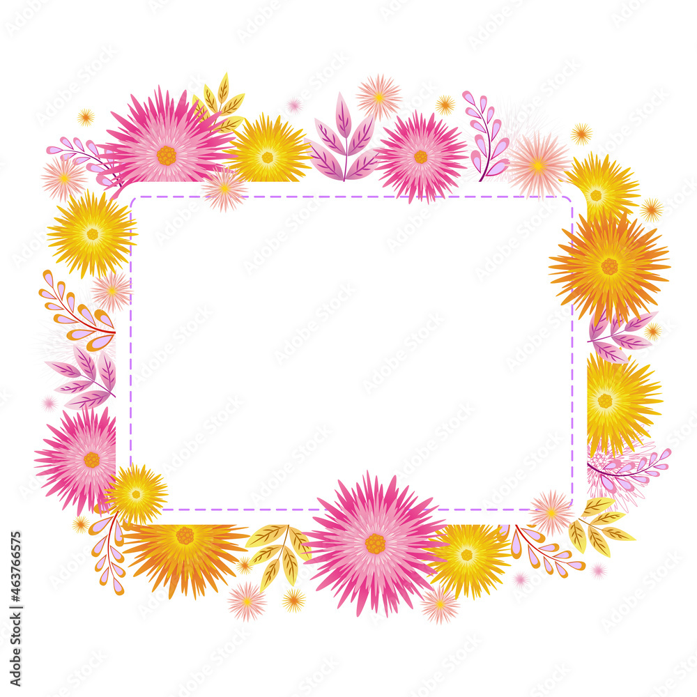 Flower frame made from pink, yellow and ornamental gerberas. Spring background in vector with place for text. Element for design, greeting cards, invitations, banners and other purposes. Vector illust Flower frame made from pink, yellow and ornamental gerberas. Spring background in vector with place for text. Element for design, greeting cards, invitations, banners and other purposes. Vector illust