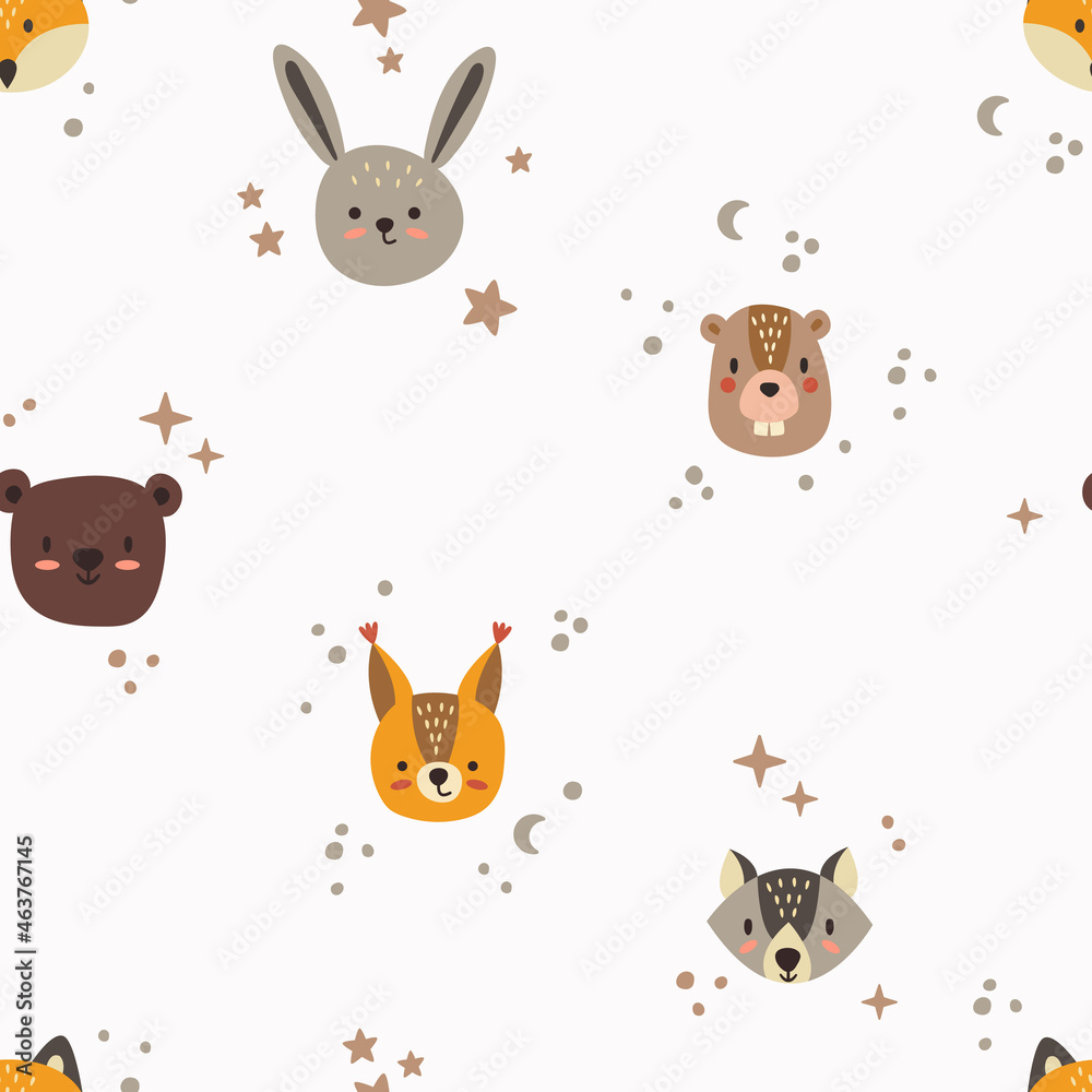 Cute animals, childish seamless hand-drawn pattern. Digital paper with hare, wolf, fox, bear, squirrel and beaver. Vector illustration.