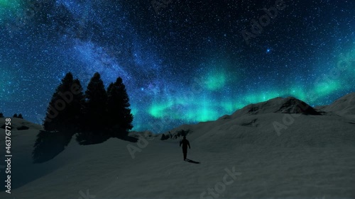 A hiker through the mountains covered with snow during nighttime, 4K