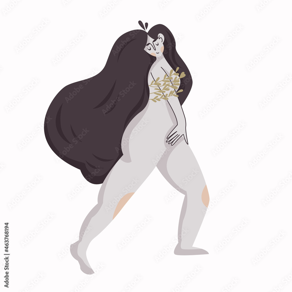 Obraz premium Vector illustration of a girl with flowers wrapping around her chest. A girl with long black hair. Illustration for posters, postcards, decor, printing.