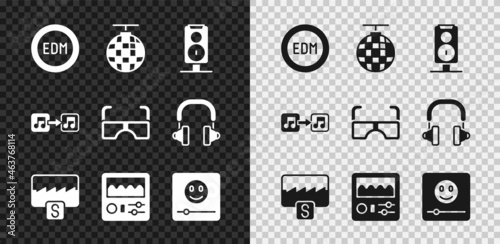 Set EDM electronic dance music, Disco ball, Stereo speaker, Music wave equalizer, Drum machine, player, note, tone and Glasses icon. Vector
