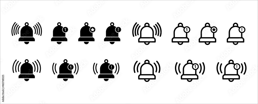 Notification bell vector icon set. Reminder icons collection. Alarm symbol illustration. Ringing bells. Alarm clock and smart phone application alert sign. New message notifier symbol.