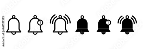 Notification bell vector icon set. Reminder icons collection. Alarm symbol illustration. Ringing bells. Alarm clock and smart phone application alert sign. New message notifier symbol.