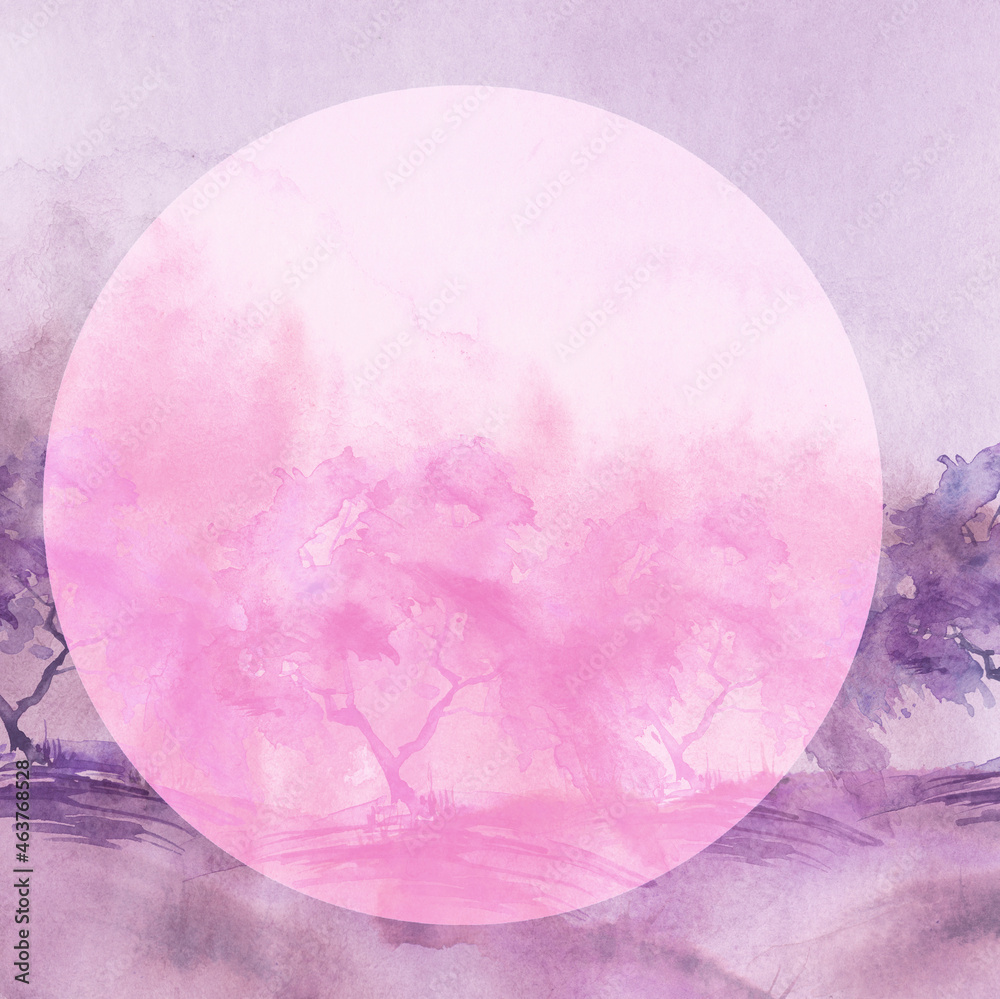 Watercolor bush, a tree. pink, purple silhouette of trees against the background of sunset, sunrise.Watercolor landscape, forest.Suburban landscape at sunset. A tree on a cliff, a slope. Spring day Watercolor bush, a tree. pink, purple silhouette of trees against the background of sunset, sunrise.Watercolor landscape, forest.Suburban landscape at sunset. A tree on a cliff, a slope. Spring day