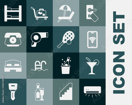 Set Air conditioner, Cocktail, Mobile with wi-fi wireless, Sunbed umbrella, Hair dryer, Telephone handset, Hotel room and Tennis racket ball icon. Vector