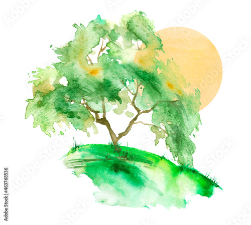 Watercolor painting  landscape of bright yellow green grass  steppe  wild flowers  plants  field  meadowy.On a white background. Logo  card.Watercolor green tree. Summer  autumn countryside landscape