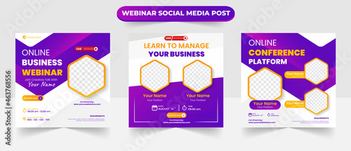 Set of social media post layout for online live webinar video conference training seminar and learning course square banner flyer poster template design