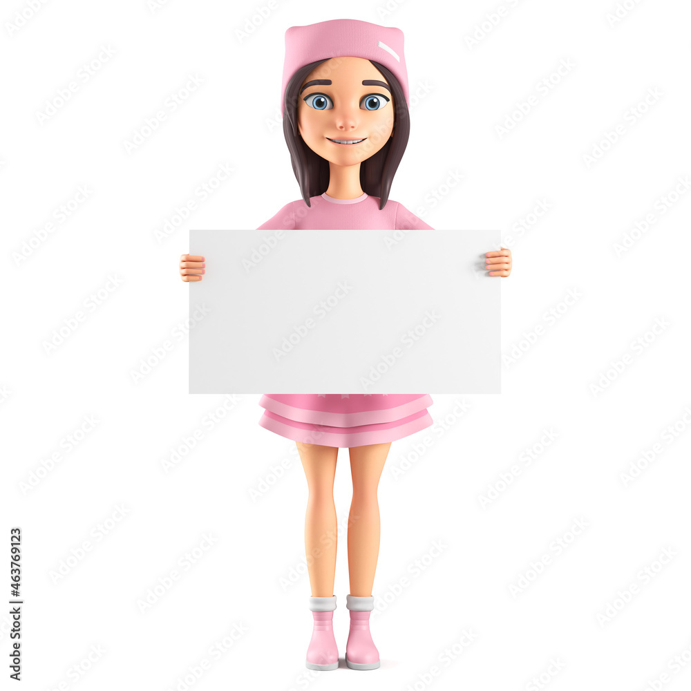 Cartoon character girl in pink clothes holding a blank board. 3d render illustration. Cartoon character girl in pink clothes holding a blank board. 3d render illustration.