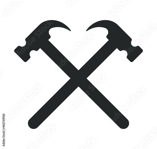 Crossed hammers vector icon. Sledge hammer symbol. Blacksmith tool sing. Industry and construction logo. Silhouette isolated on white background.