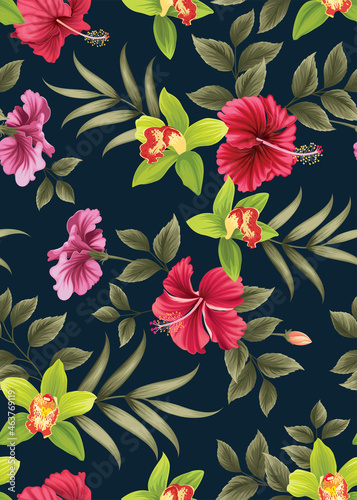 Seamless pattern of hibiscus flower and Orchid with leaf background template. Vector set of floral element for tropical print, wedding invitations, greeting card, brochure, banners and fashion design.