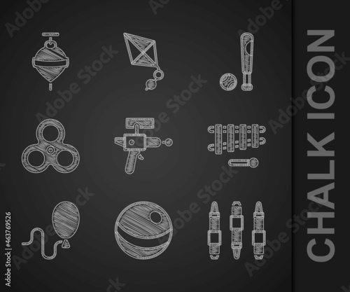 Set Ray gun, Beach ball, Marker pen, Xylophone, Balloons, Fidget spinner, Baseball bat with and Whirligig toy icon. Vector