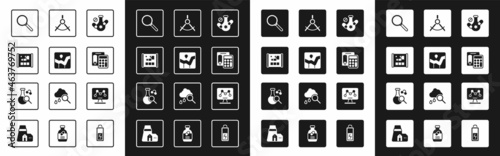 Set Medicine pill, Graph chart infographic, Graphing paper for engineering, Magnifying glass, Calculator, Drawing compass, Genetic and Test tube icon. Vector