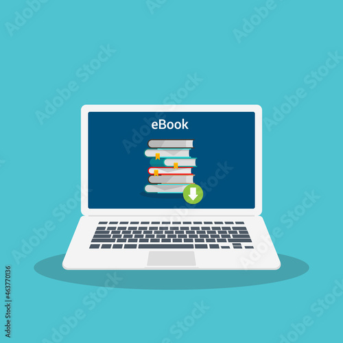 Download book. E-book marketing, content marketing, e-book download on laptop . Vector illustration.