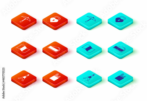 Set Eiffel tower, French baguette bread, Flag France, Cherry cheesecake slice, Castle in the shape of heart and Umbrella for beach icon. Vector