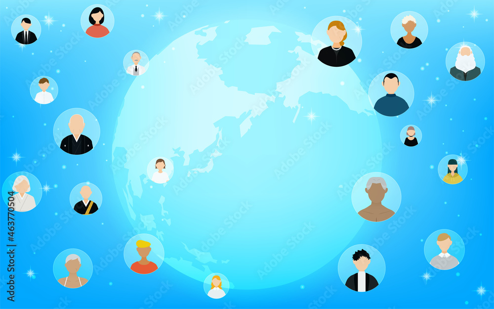 グローバルビジネスイメージ、青白く光る地球と世界中にいるビジネスパートナー