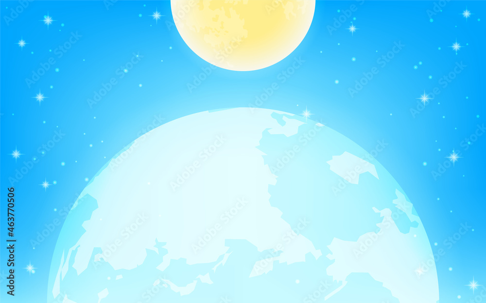 Naklejka premium キラキラした青い宇宙に浮かぶ幻想的な地球と月