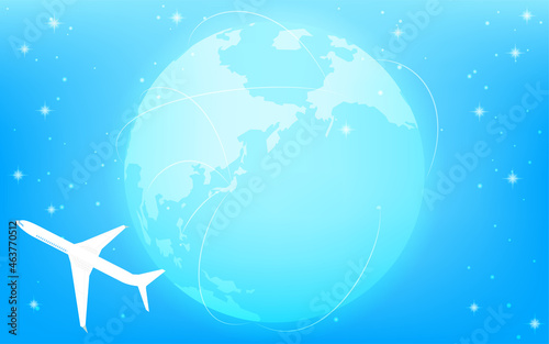 グローバルビジネスイメージ、青白く光る地球と飛行機と光る航路