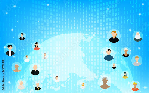 グローバルビジネスイメージ、青白く光る地球と世界中にいるビジネスパートナー