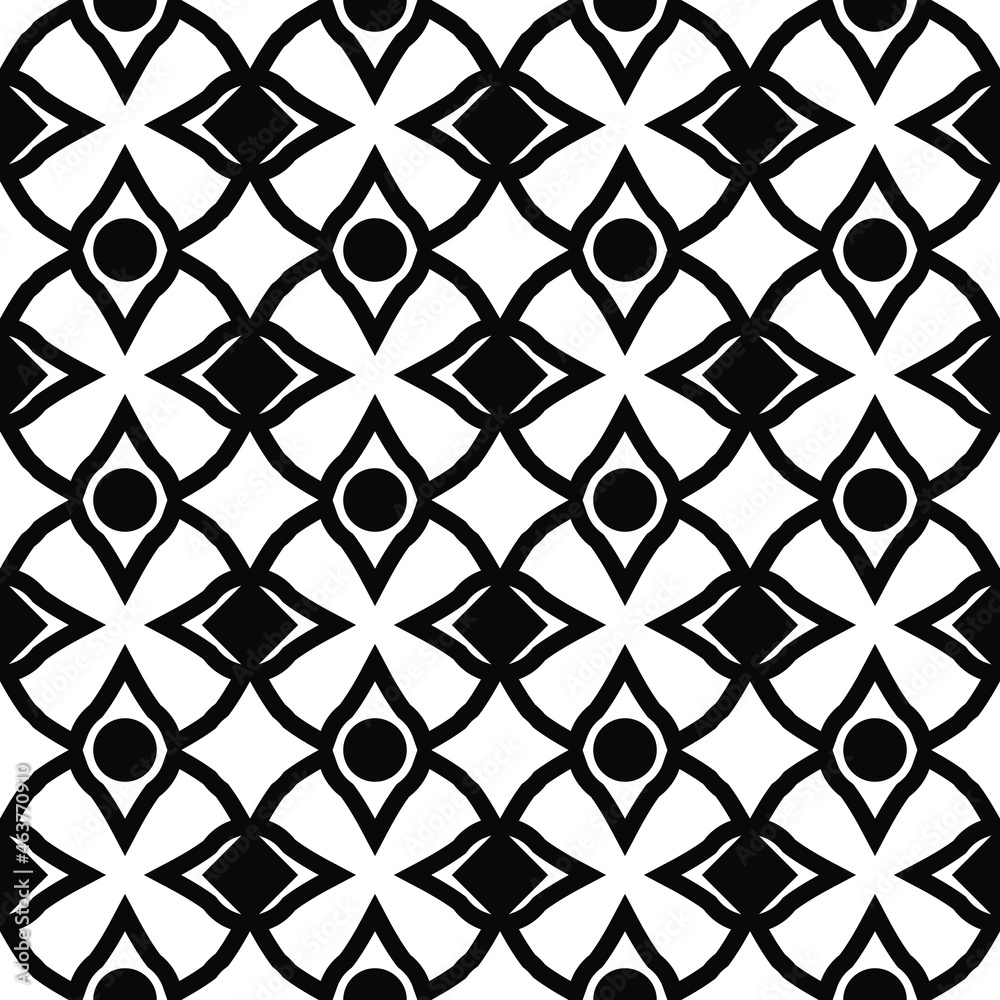 Fototapeta premium Black-white shapes create a simple ornament. Cells with circles and rhombuses.