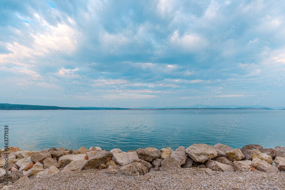 Kvarner bay seascape seen from Crikvenica, small town northern Adriatic sea coast of Croatia