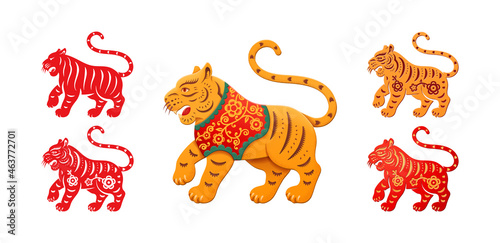 Bengal tiger animals in red and orange color with floral pattern set isolated african tigress. Vector tigers eastern zodiac symbols, spring festival lunar calendar mascot, korean horoscope sign