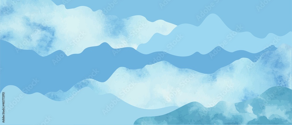 Fototapeta premium Blue waves, clouds, snowdrifts, hills, mountains abstract background. Watrercolor texture.