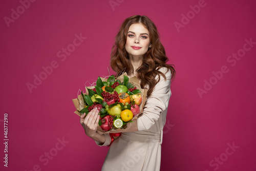 cheerful woman smile posing fresh fruits bouquet emotions isolated background