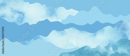 Blue waves, clouds, snowdrifts, hills, mountains abstract background. Watrercolor texture.