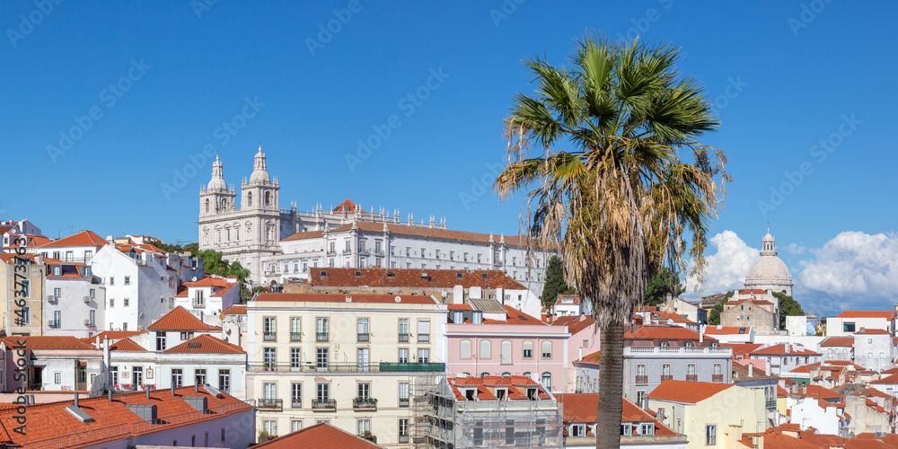 Lisbon Portugal city travel view of Alfama old town with church Sao Vicente de Fora and palm panorama