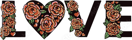 Pink roses LOVE lettering pattern. Black background and illustration