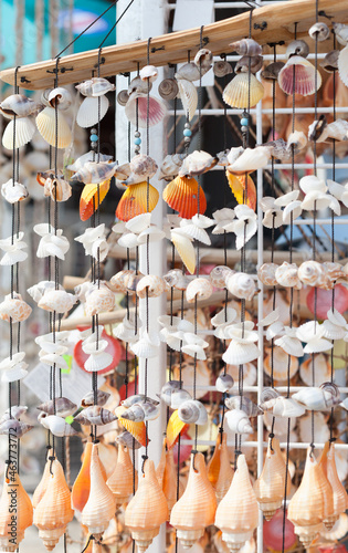 Colorful shells hanging on a net, handmade craft
