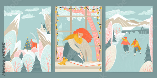 Hello winter. Set of cute illustrations with winter landscape, couple ice skating and girl reading a book.