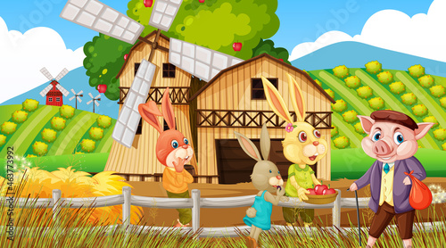 Farm at daytime scene with old farmer man and farm animals