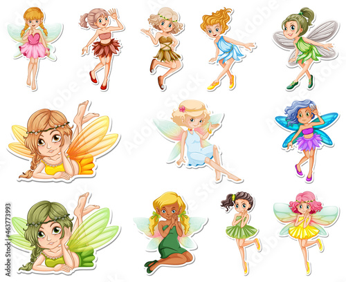 Set of stickers with beautiful fairies and mermaid cartoon character