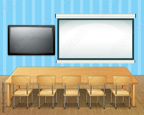 Classroom interior design with furniture and decoration