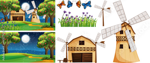 Farm element set isolated with farm scene
