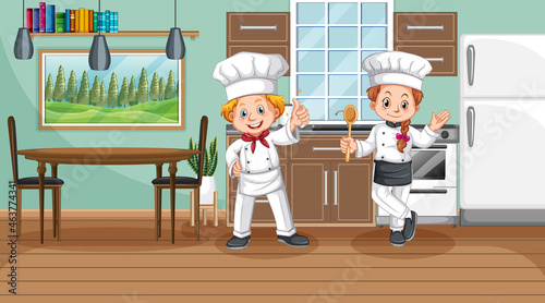Kitchen scene with two chefs cartoon character