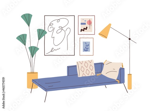 Home interior design with sofa, cushions, wall art, house plant and floor lamp in 50s retro style. Trendy living room with couch, posters, decor. Flat vector illustration isolated on white background