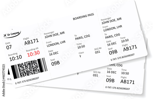 Pattern of two airline boarding pass tickets for traveling by plane.
