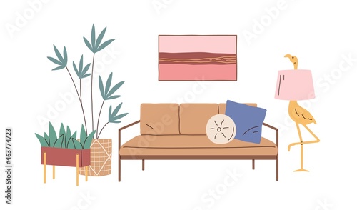 Home interior design with sofa, cushions, wall picture, potted house plants a...