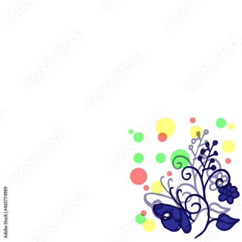 beautiful floral pattern with butterfly illustration on white background. colorful bubbles. hand drawn vector. blue color. doodle art for wallpaper, poster, banner, greeting and invitation card, cover